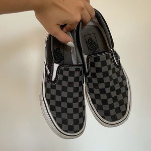 Grey and black checkered slip on vans
